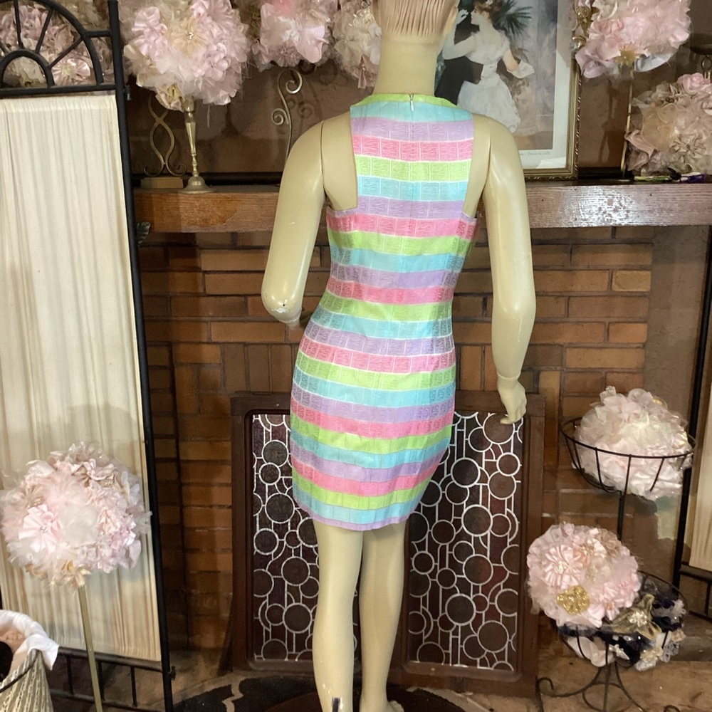 VINTAGE 1990'S CACHE MULTI-COLOR PASTEL W/RHINESTONE CUT OUTS SHEATH DRESS (2) - Picture 5 of 12